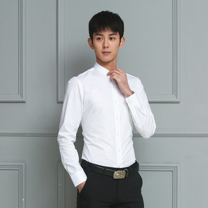 Pure colour upright collar shirt male long sleeve business free of ironing white casual long sleeve shirt men's Korean version of black inch shirt