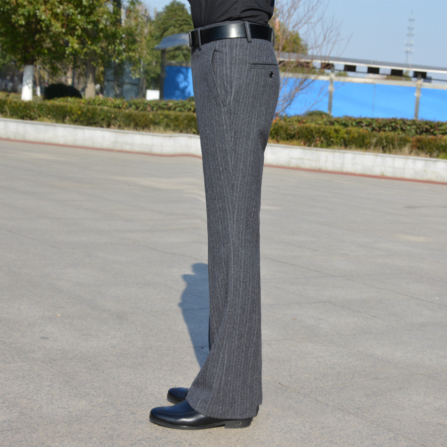 Winter thick woolen bell-bottoms men's drop-resistant anti-wrinkle loose wide-leg pants fashion comfortable dark striped trousers