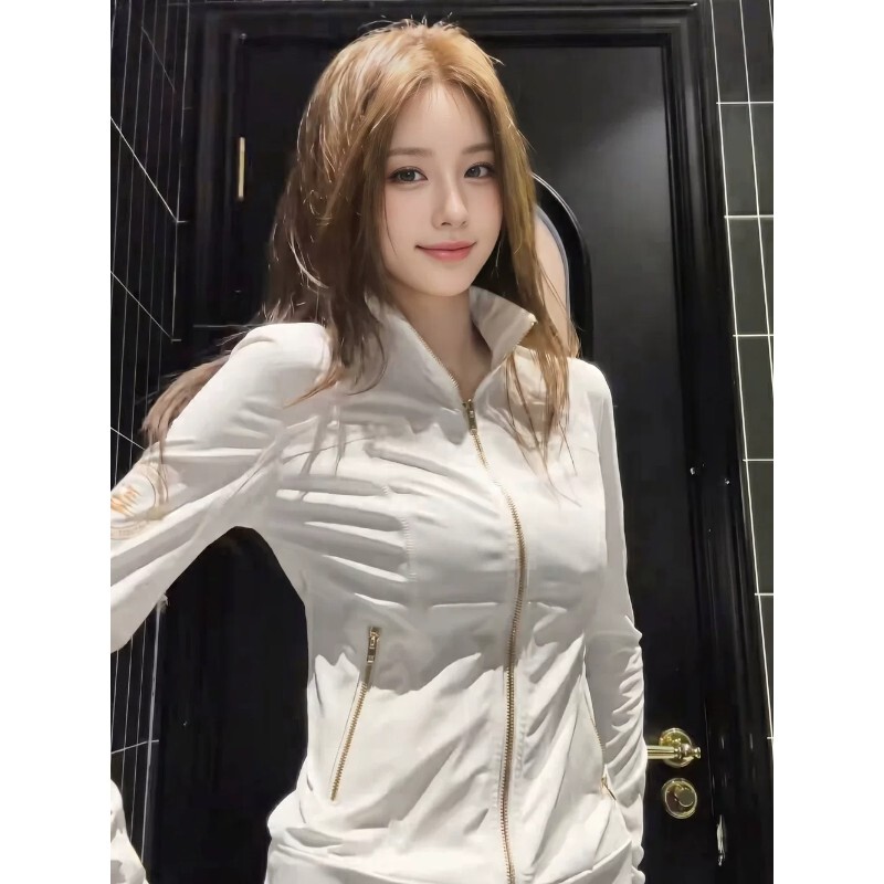 Gold Zipper Slim-Fit Sun Protection Jacket for Women, Summer Lightweight, Retro Quick-Drying Outdoor White Sports Top Gold Zipper Slim-Fit Sun Protection Jacket for Women, Summer Lightweight, Retro Quick-Drying Outdoor White Sports Top