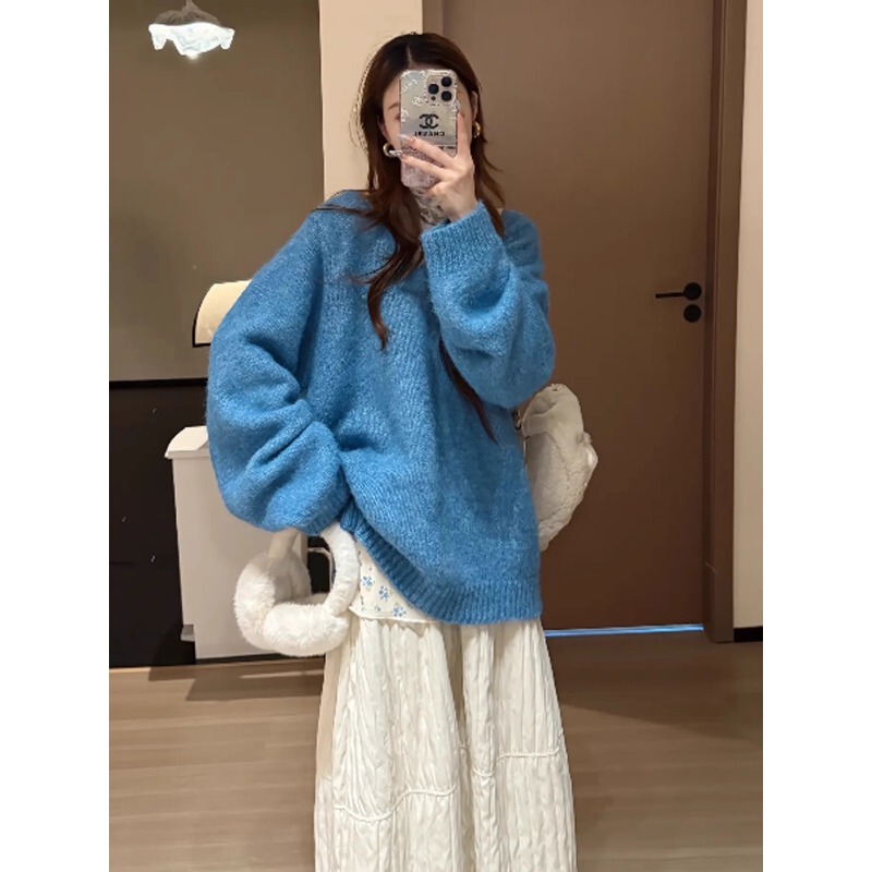 Blue Round-Neck Mohair Sweater for Women 2025 New Autumn and Winter Thickened Lazy Style Mid-Length Knit Top Blue Round-Neck Mohair Sweater for Women 2025 New Autumn and Winter Thickened Lazy Style Mid-Length Knit Top