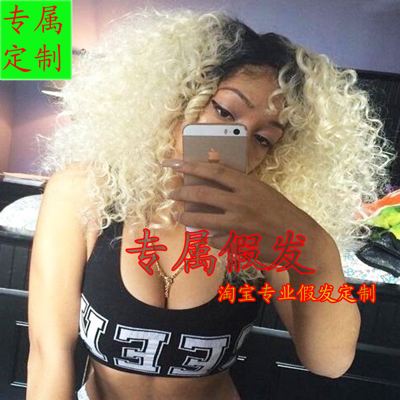 Popular Black Afro Wig, Hand-Crocheted Lace Front Wig with Black Roots and Gradient Golden Hair