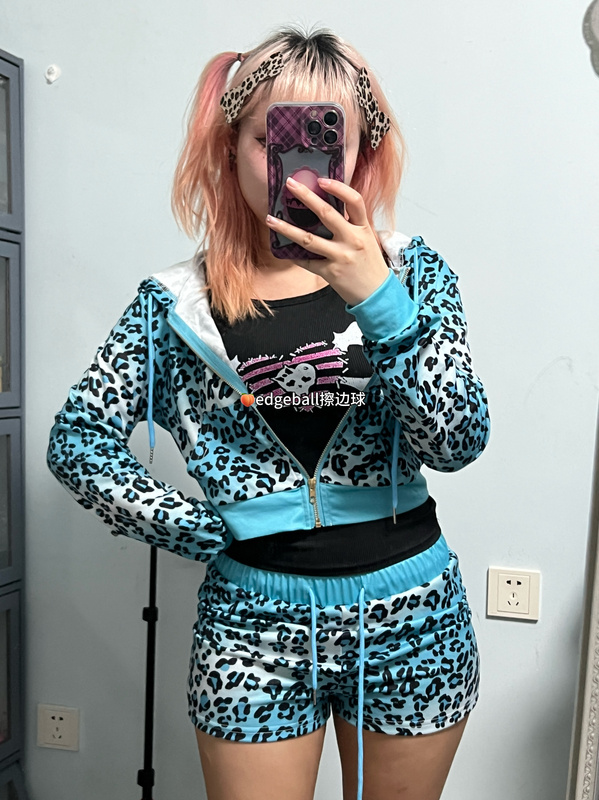 Blue^Leopard Print Suit｜Foreign Trade Y2K Subculture Hot Girl Loungewear Sweatshirt Hoodie Shorts Edgeball