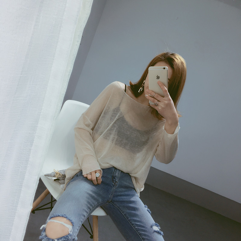Quần áo nữ mùa hè sexy áo len Hàn Quốc phiên bản của lỏng mỏng vòng cổ áo thun phần mỏng dài tay áo quan điểm áo sơ mi triều áo nữ