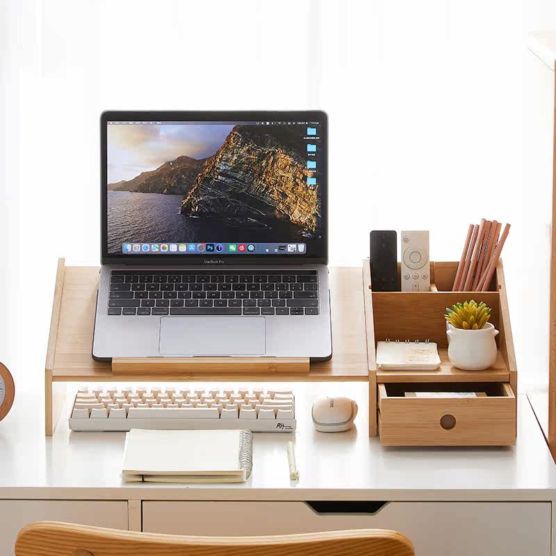 Notebook elevated rack adjustable bamboo solid wood keyboard monitor bracket computer desk surface storage base