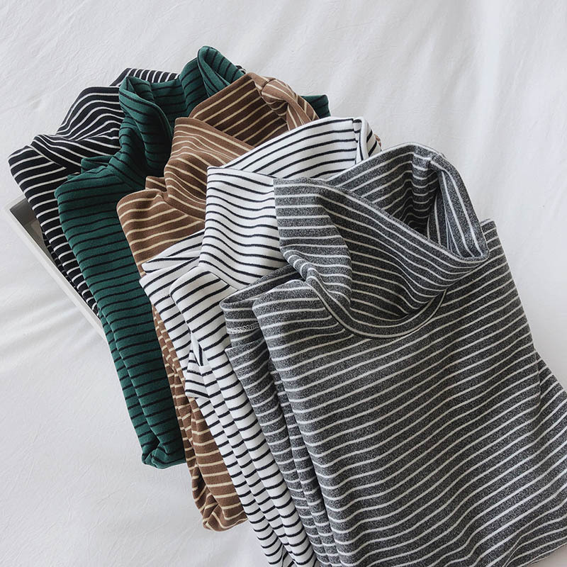 Super Soft/High-Neck Striped T-Shirt for Women, Long-Sleeved Top, Versatile, Fleece-Lined, Thickened, Thermal Base Layer for Women, Slimming Effect
