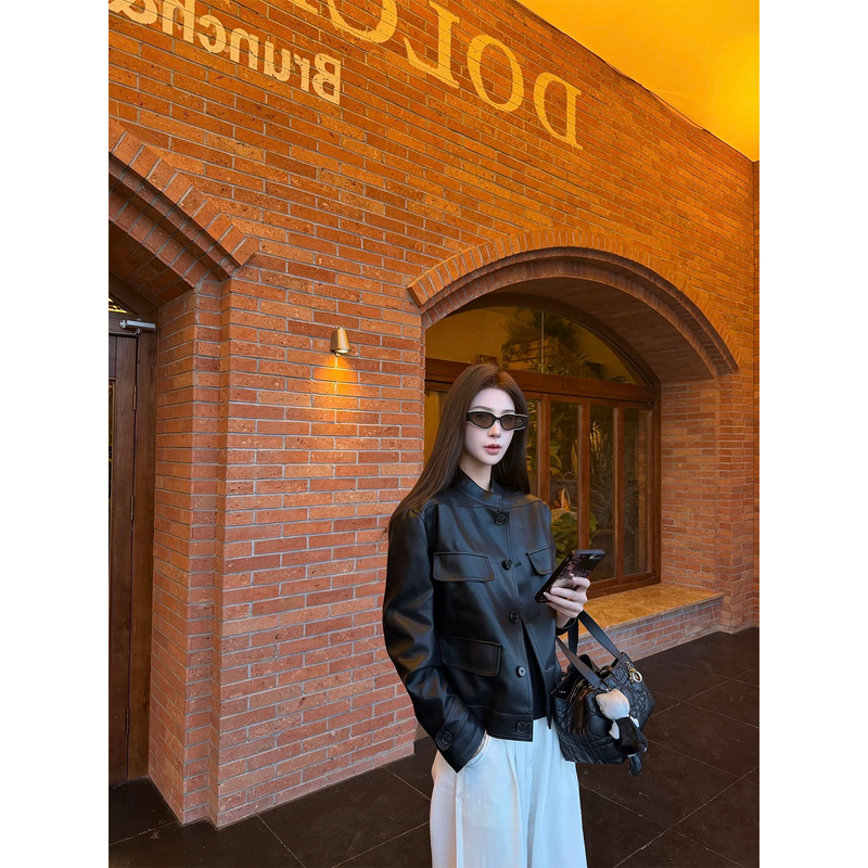 Retro Style Black Stand-Up Collar Leather Jacket for Women 2026 New Style for Small People, Very Good-Looking, High-End and Cool Style