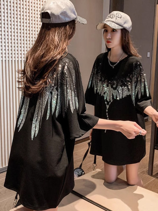 150kg Plus-Size Loose Short-Sleeve T-Shirt for Women, Summer Mid-Length Style ins Heavy-Duty Rhinestone Fashion Large Size Shiny Top