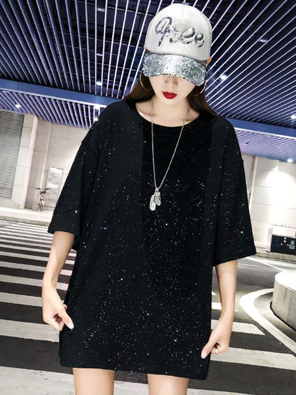 Plus Size 150kg Loose Slimming Short-Sleeve T-Shirt for Women, Summer Mid-Length ins Black Sequin Top