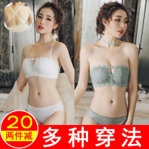 Strapless underwear womens non-slip non-rimless halter cross word shoulder net red half cup invisible bra summer thin section