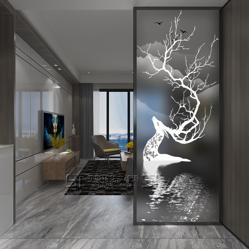 Customized art glass screen partition double faced home living room enter the door door porch wall frosted transparent recruit deer
