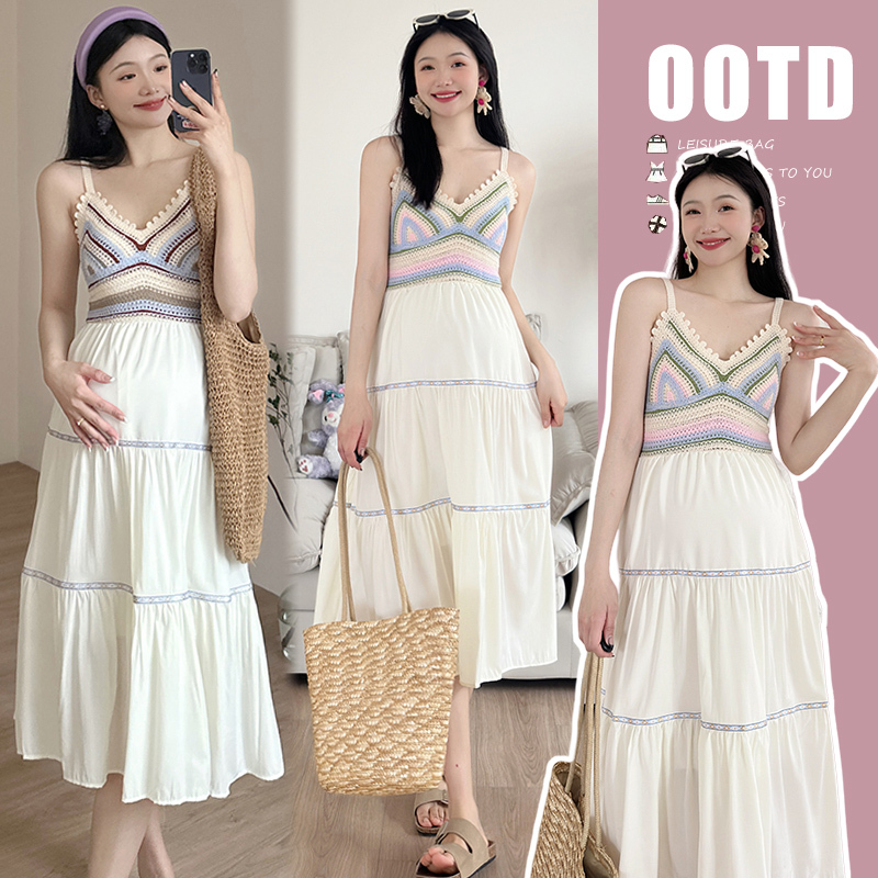 Maternity Beach Dress for Women, Summer Ethnic Style, Strapless, Crochet Patchwork, Sanya Seaside Vacation, Bohemian Long Dress, White