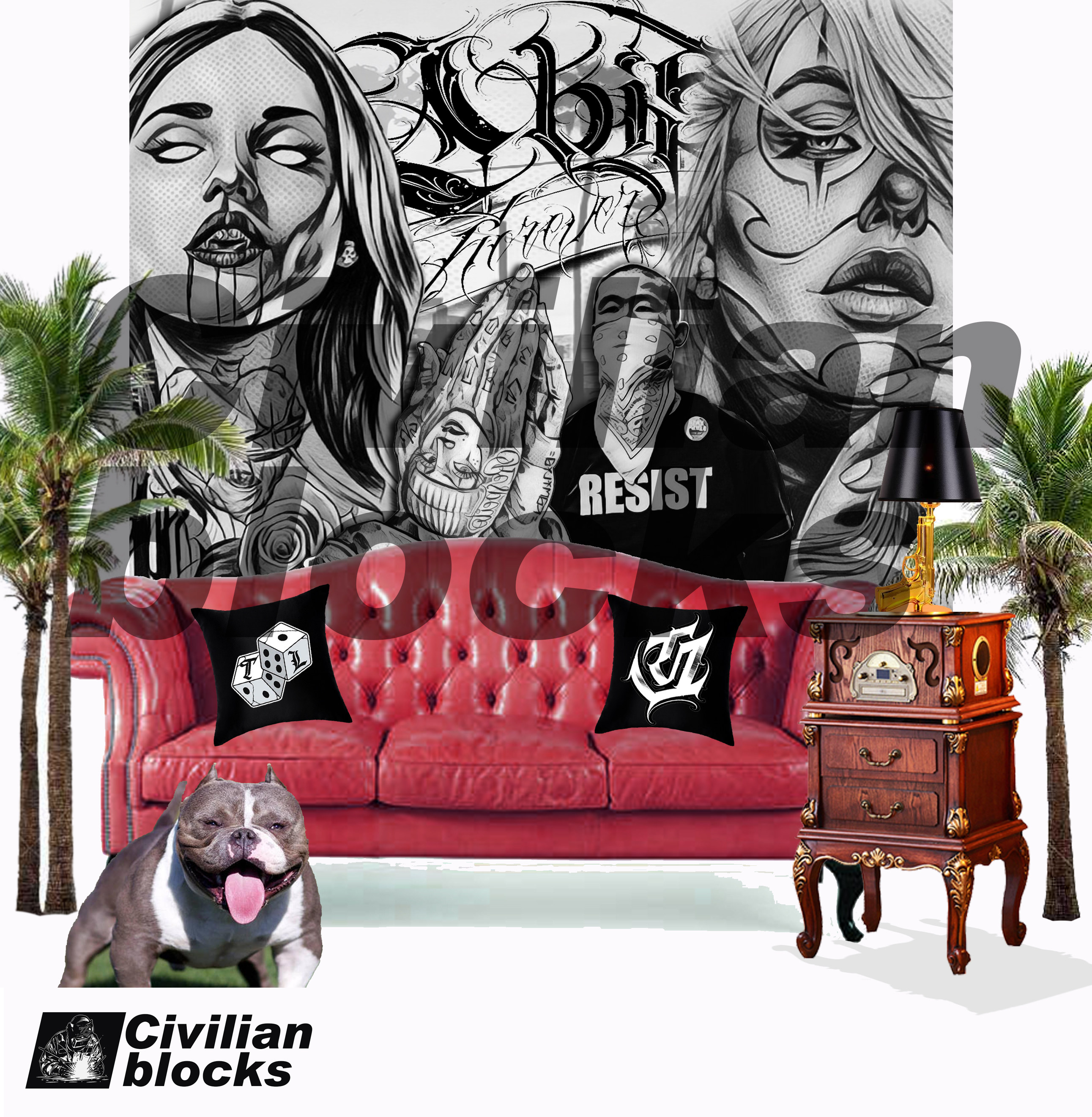 Chicano Clown Face West Coast Floral Character Old Schol Hip Hop Rap Hiphop Background Cloth