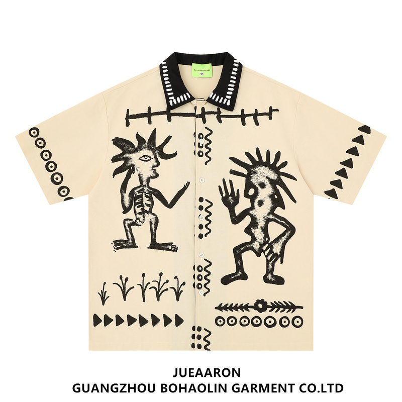 Jueaaron American Retro Cartoon Graffiti Printed Short-Sleeved Shirt for Men and Women, Loose Casual High Street Couple Shirt