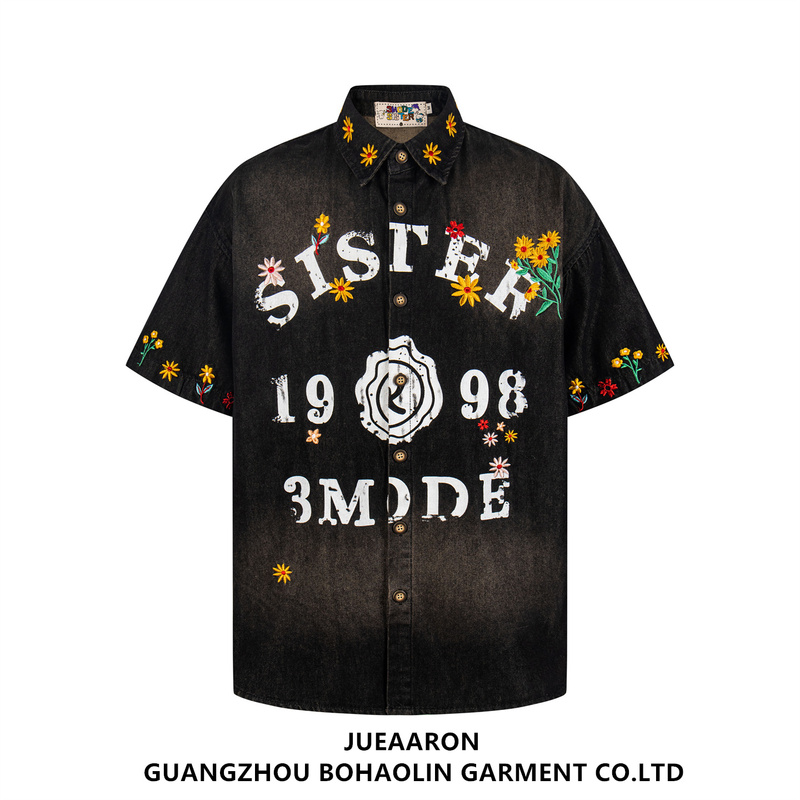 Jueaaron American Retro Embroidered Floral Letter Denim Short-Sleeve Shirt for Men, Loose Fit, Casual Bf Shirt