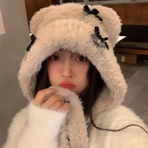 Original design cute bear woolen hat for women in winter new style atmospheric plush warm and cold-proof ear protection cap
