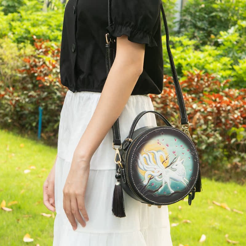 Naughty Craftsman Small Round Bag for Women, Genuine Leather Fashion Crossbody Bag, Summer Small Bag, Versatile Niche Round Leather Carving Bag, Original Design Naughty Craftsman Small Round Bag for Women, Genuine Leather Fashion Crossbody Bag, Summer Small Bag, Versatile Niche Round Leather Carving Bag, Original Design