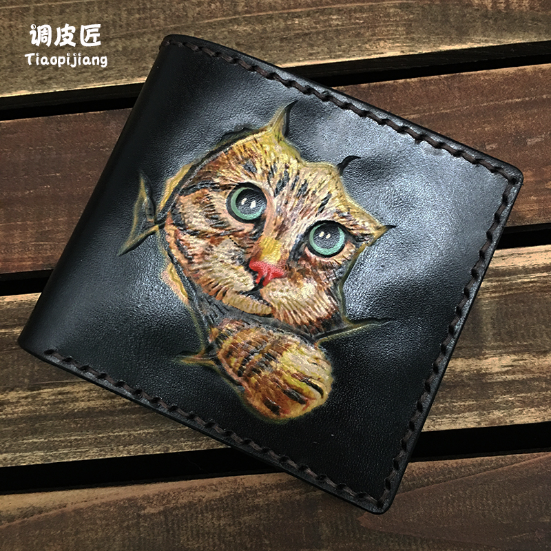 Tune Pitsmith Wallet Woman Short student genuine leather Japan-ROK version two-fold cute zero wallet leather clip man leather carvings handmade