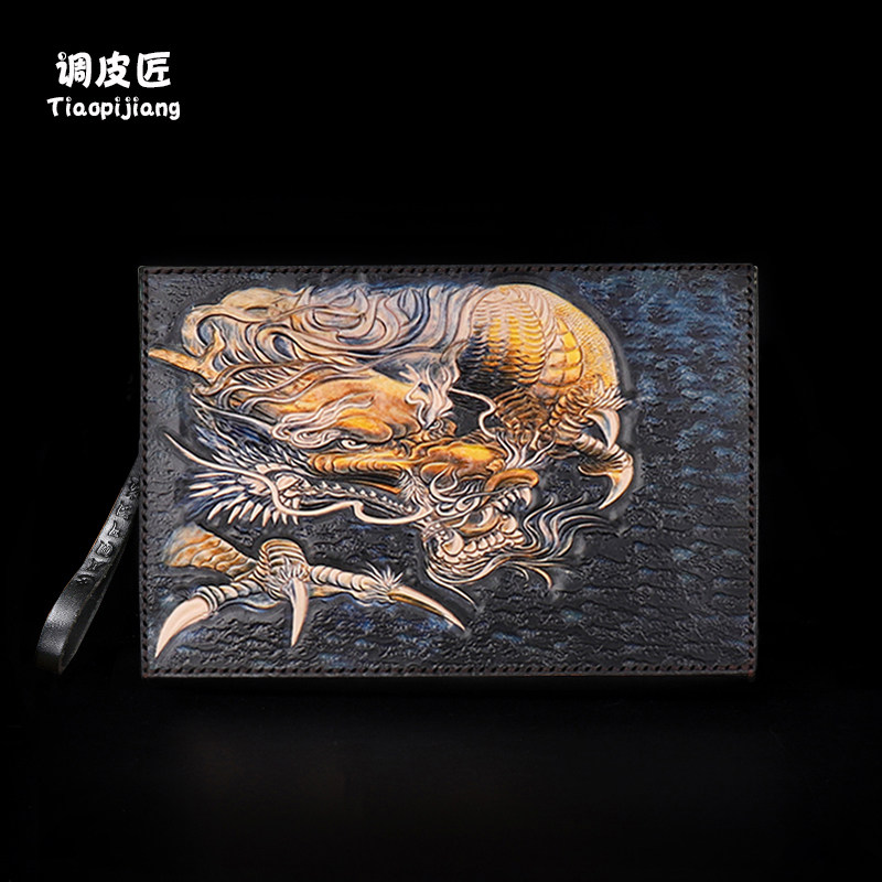 Hand Bag Men 2021 New Fashion Genuine Leather Envelope Bag Handmade Leather Sculpture Bull Leather Bag Large Capacity High-end Hand Grab Bag Tide