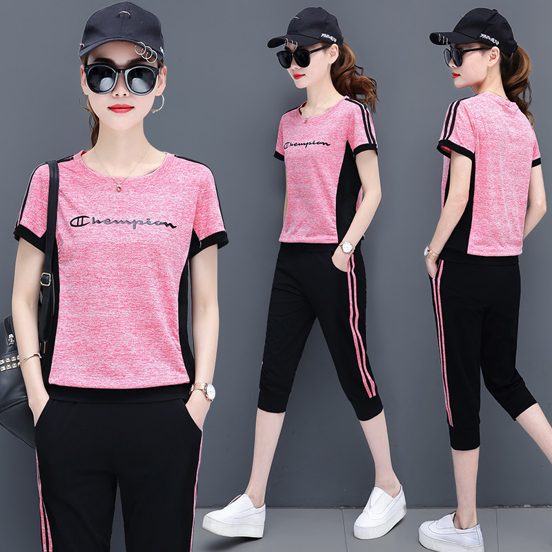 Sports Suit Women Summer 2021 New Big Size Dress With Slim Fit Slim Short Sleeves Seven Pants Casual Wear two sets