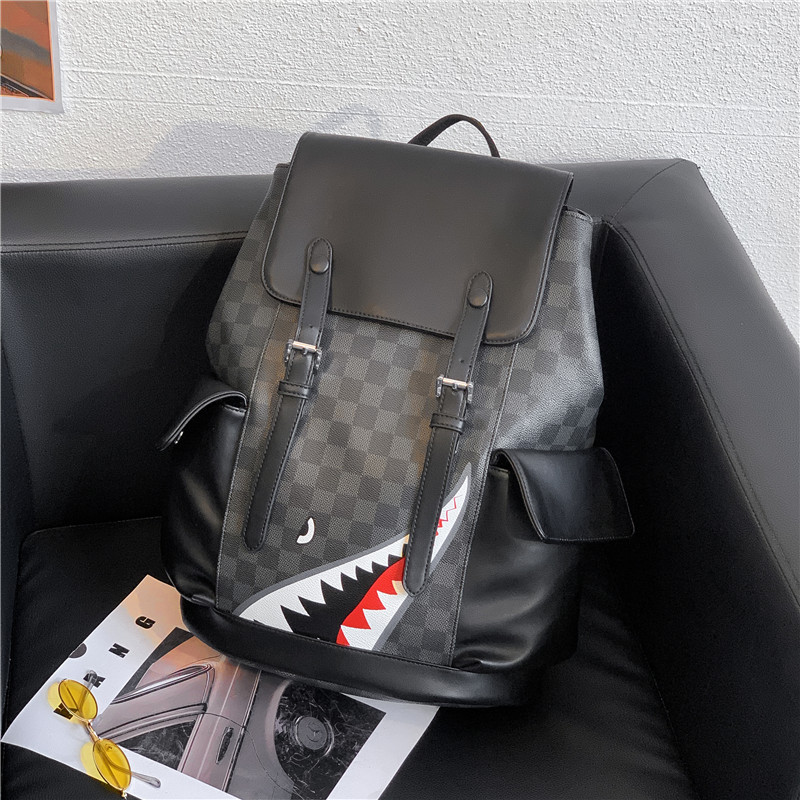 Hong Kong leather backpack men's fashion personality shark backpack women's large-capacity casual leather travel bag trend