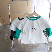 Three-three-sauce small bunk baby cute long sleeve T-shirt fall Children foreign air autumn clothes men and women fake two blouses