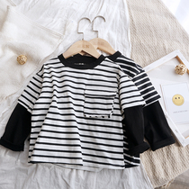 Childrens fake two-piece striped T-shirt long-sleeved baby cotton foreign style spring clothes for men and women children Korean version of the base top tide