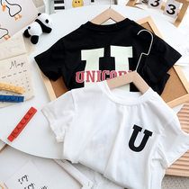 Children Black white round collar T-shirt Summer slim fit pure cotton men and women Sins loose half sleeve baby foreign air summer dress