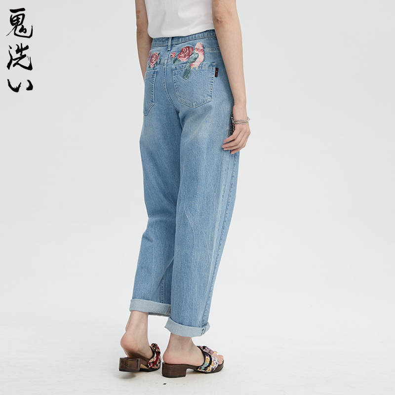 Oniarai/Ghost Wash 24 Spring Mud Stick Blue Women's Rose Parrot Embroidered High-Waisted Straight-Leg Jeans 24N5401