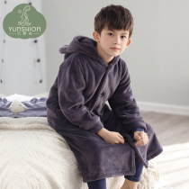  Childrens bathrobe Boys winter baby coral velvet thickened mid-size childrens pajamas Autumn and winter boys flannel nightgown