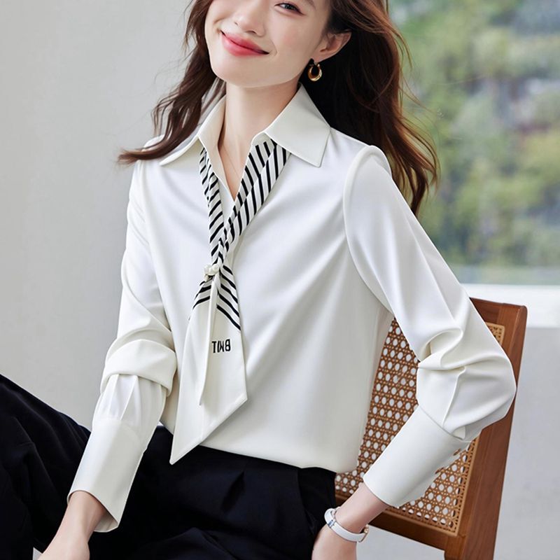 White Satin Shirt for Women, Long-Sleeved, Spring and Autumn Style, Plus Size, Loose Design, Niche, High-End, Professional Shirt Top