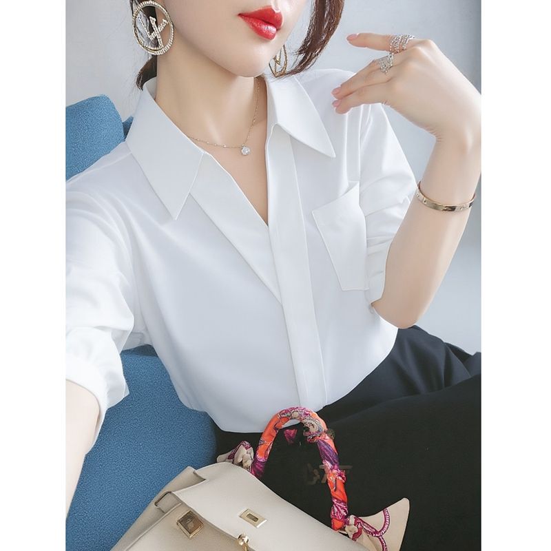 White V-Neck Chiffon Shirt for Women, Short-Sleeved, Summer, Plus Size, Loose Design, Unique Style, Professional Blouse