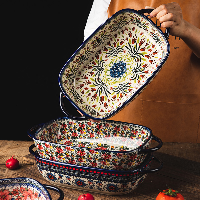 Polish Ceramic Baking Dish Creative Retro Tableware Home-Use Beautiful Plates Rectangular Plates Serving Plates Dinner Plates Large Bowls