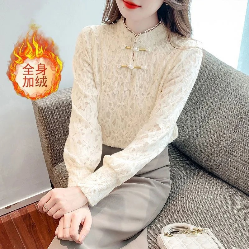 New Chinese-Style Fleece-Lined Lace Base Shirt 2026 Women's Autumn and Winter Warm Slim-Fit Stylish Retro Embroidered Inner Top New Chinese-Style Fleece-Lined Lace Base Shirt 2026 Women's Autumn and Winter Warm Slim-Fit Stylish Retro Embroidered Inner Top