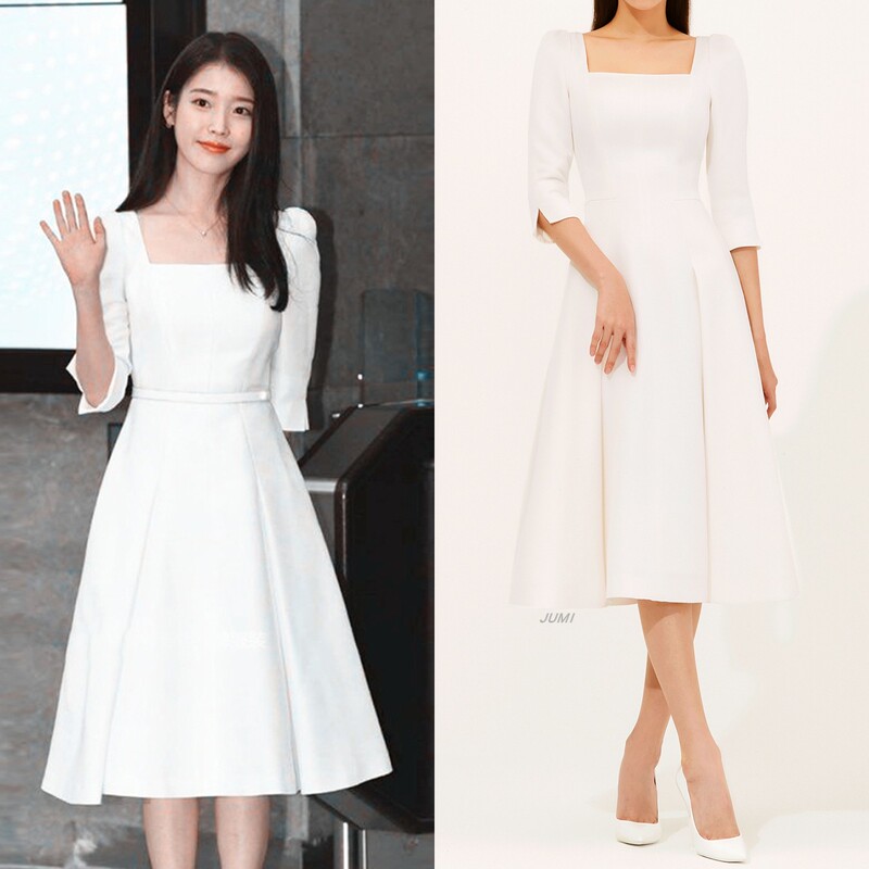 Iu Lee Ji-Eun's Same Style Mid-Length A-Line Flared Skirt 2025 Wool Blend Over-The-Knee Slim Fit Square Neck Dress