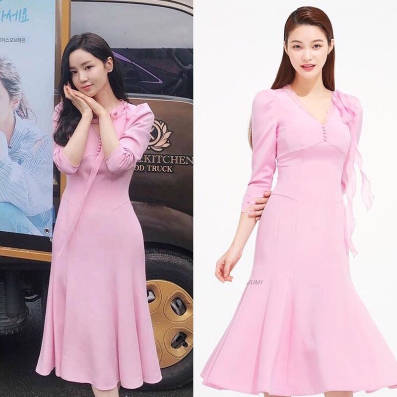 Kim Sooyeon's Same Style V-Neck Silk Scarf Long-Sleeve Fishtail Dress 2025 Summer High-End Niche Design Silk Dress A-Line Skirt