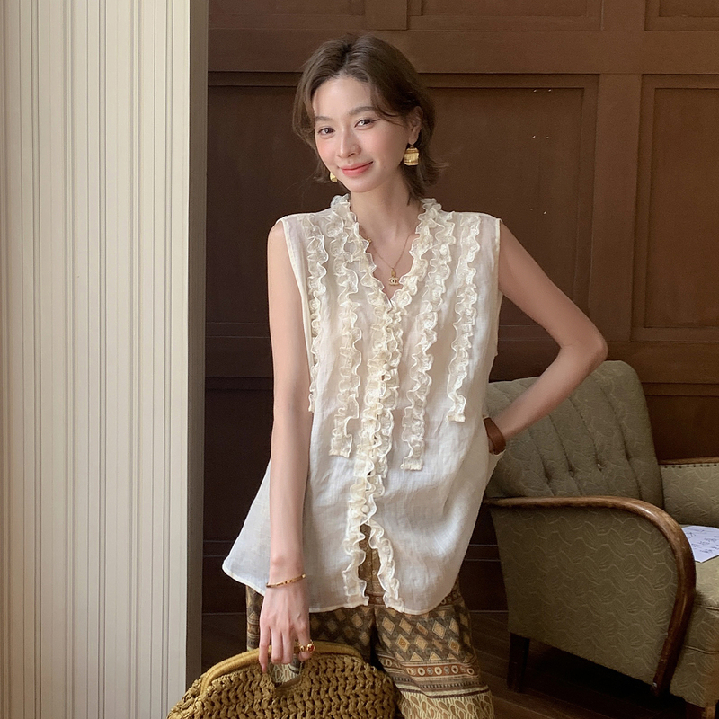 French-Style V-Neck Lace Ruffle Shirt for Women, Sleeveless Loose Cardigan, Ramie Top, 2026 Summer Chic Blouse