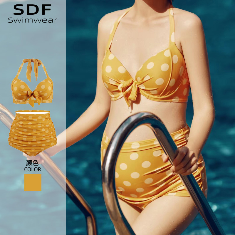 2024 New Style Large Bust Underwire Push-Up High-Waisted Slimming Halter Bikini Maternity Two-Piece Plus Size Swimsuit for Women with Curvy Figures