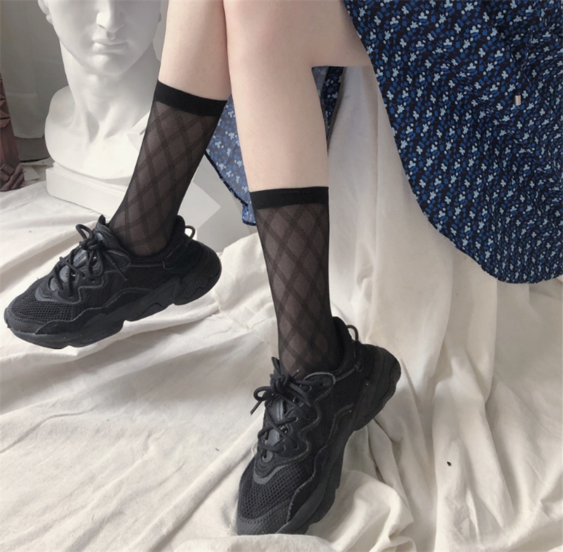 Japanese-Style Black Patterned Stockings Jk School Style Mid-Calf Ultra-Thin Women's Socks Calf Mesh White Summer Short Socks