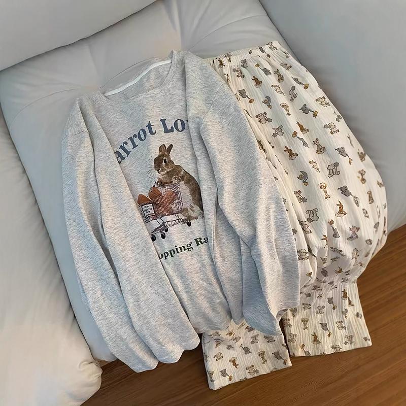 ins Korean Style Pure Cotton Pajamas for Women, Spring and Autumn 2026 New Style, Sweet and Suitable for Going Out, Cotton Gauze Long Pants Loungewear