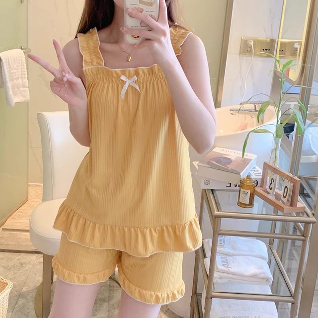 Summer wide-shouldered suspender skirt pajamas for women thin section fungus girl sweet sleeveless vest small chest home clothes set