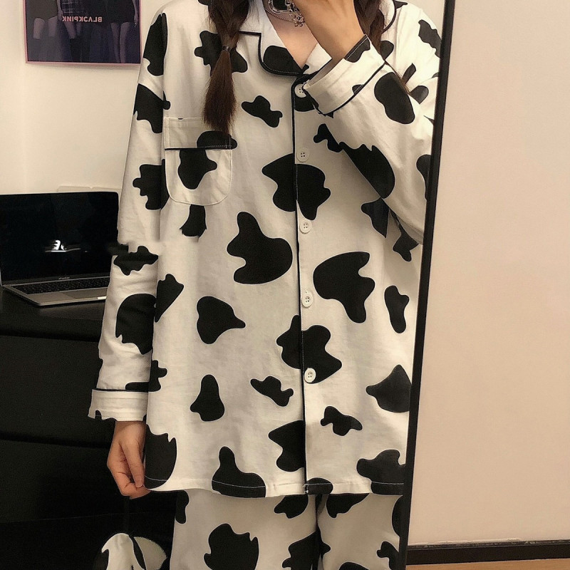 ins Korean Cute Cow Pajamas for Boys and Girls, Spring and Autumn Pure Cotton Japanese Style Long-Sleeved Couple Two-Piece Home Wear Set