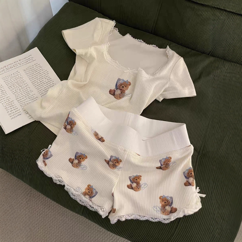 Sin Glee Petite Cute Bunny Print Short-Sleeved Pajamas for Women Spring New Lace Trim Loungewear