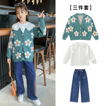Womens clothing autumn sweater jacket three-piece set 2021 Spring and Autumn New Zhongdai wide leg pants foreign clothes