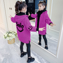 Girls wear autumn two-sided coat 2021 New Chinese childrens foreign style hooded plus velvet thickened childrens sweater