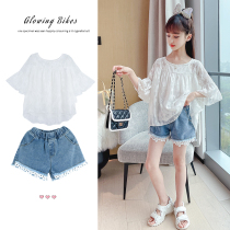 Girl Clothing Summer Small Scent Wind Denim Shorts Suit 2022 New Hanfan Mid-Child Summer Trendy Ocean Clothes