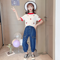 Girl Clothing Summer Nets Red Suit 2022 New Han Van CUHK Child Summer Short Sleeve Foreign Air Jeans Two Sets