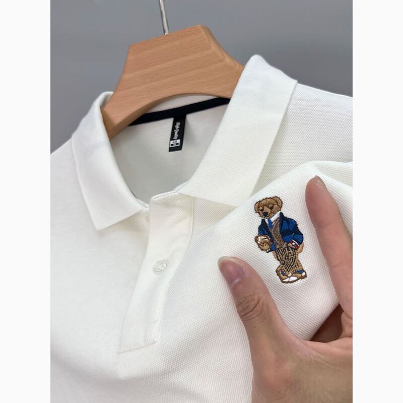 100% Pure Cotton Long-Sleeved T-Shirt for Men with Embroidered Bear Polo Shirt, New Spring and Autumn Casual Men's Top Trendy