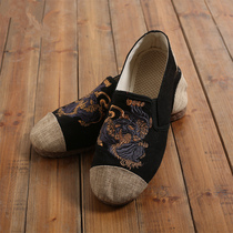 Chinese style summer mens retro Unicorn totem embroidery cotton linen flat heel breathable light casual national wind cloth shoes
