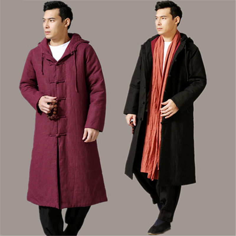 Winter middle country wind men's clothing cotton linen dress with cap disc button long cardiovert cotton padded jacket Chinese style ethnic wind lovers cotton clothes