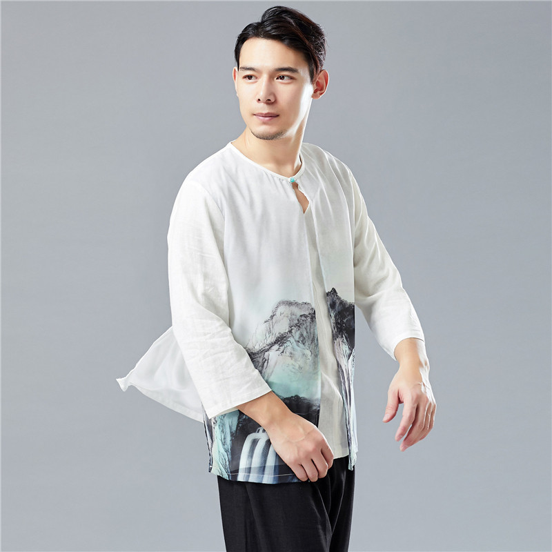 Chinese Wind Han Elements Summer New Retro Cotton Hemp Thin Yarn Fake Two T-shirt Residence Zen Tea Suit Jacket Men's Clothing